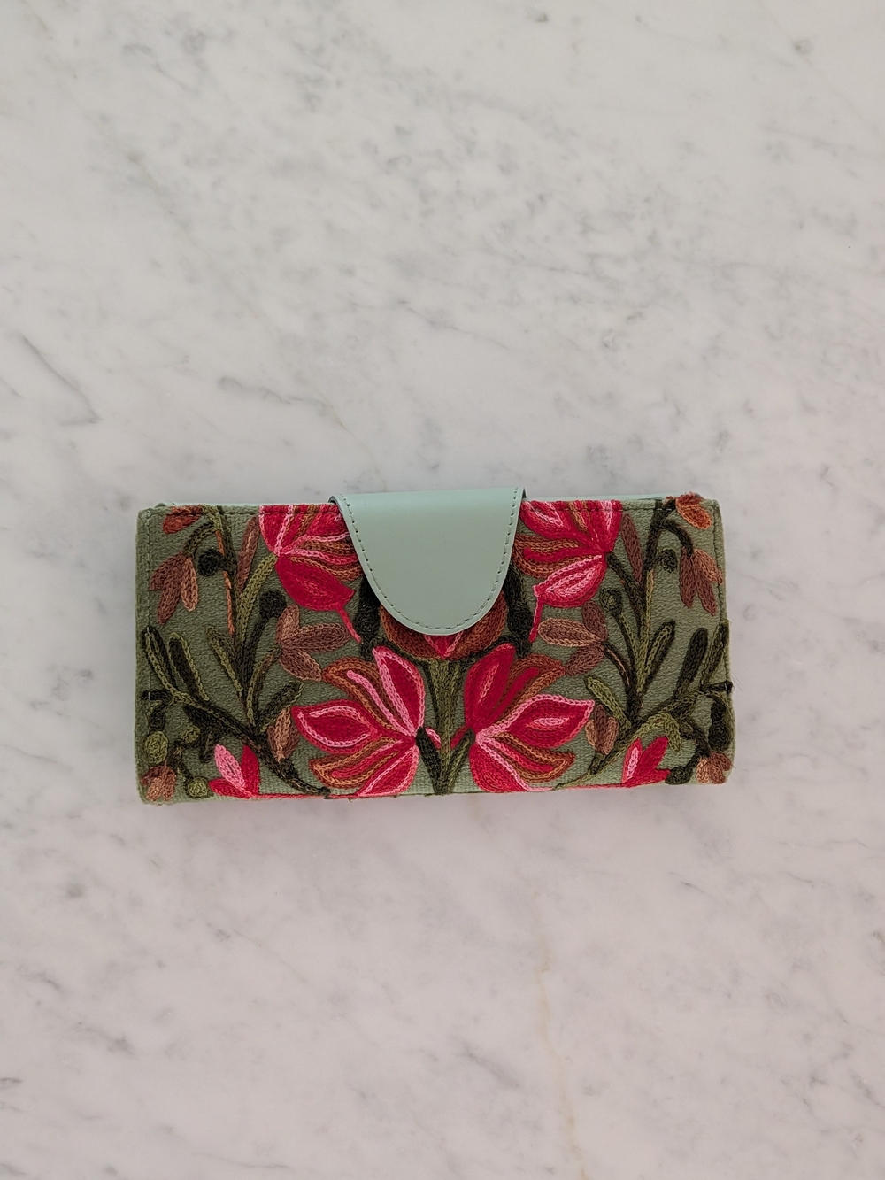 Embroidered Floral Continental Wallet - Green & Pink